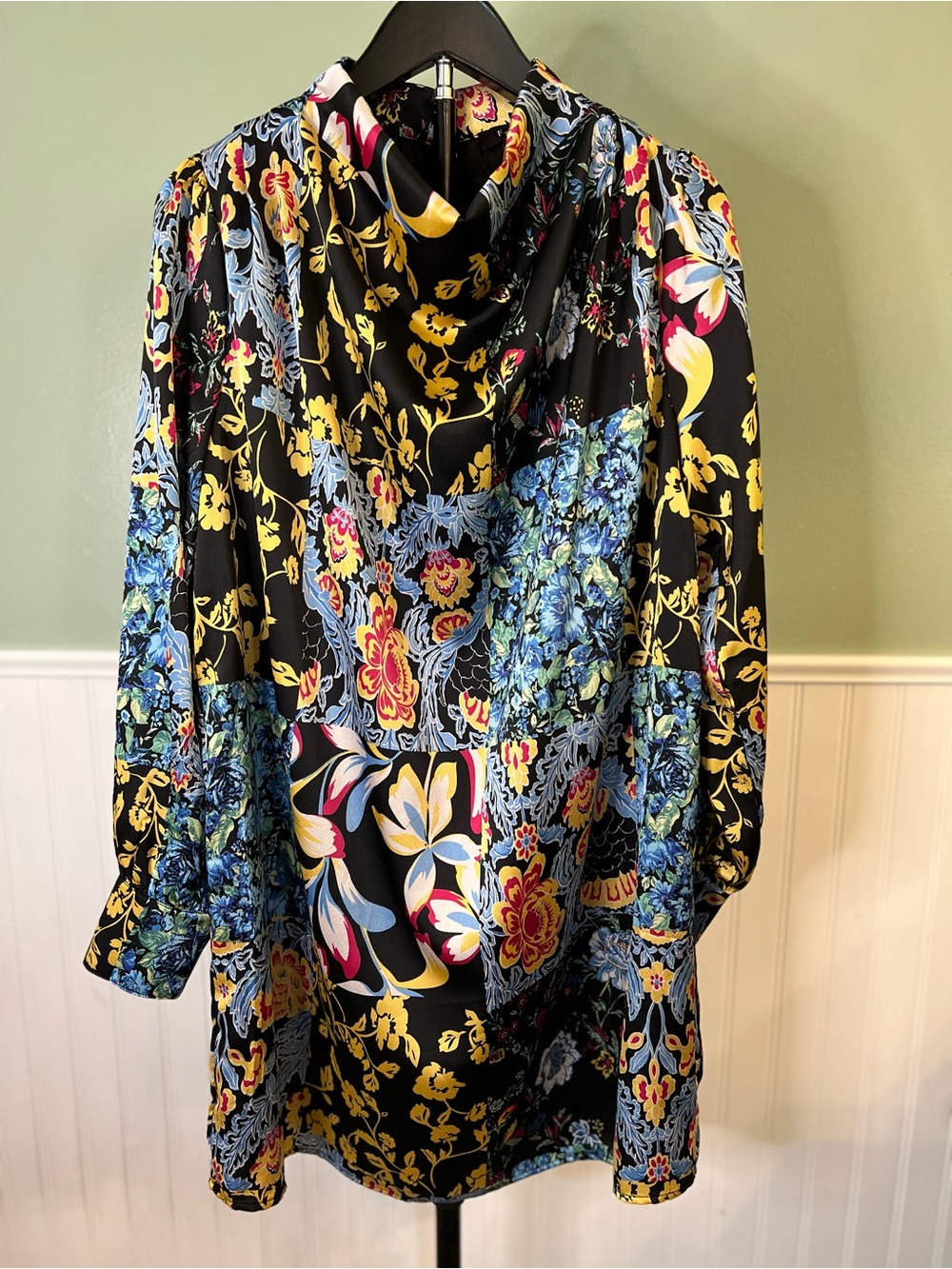 Fate Floral Satin Shift Dress in Black, Blue, Yellow & Pink. Size S